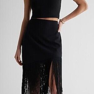 High Waisted Fringe Asymmetrical Hem Midi Skirt